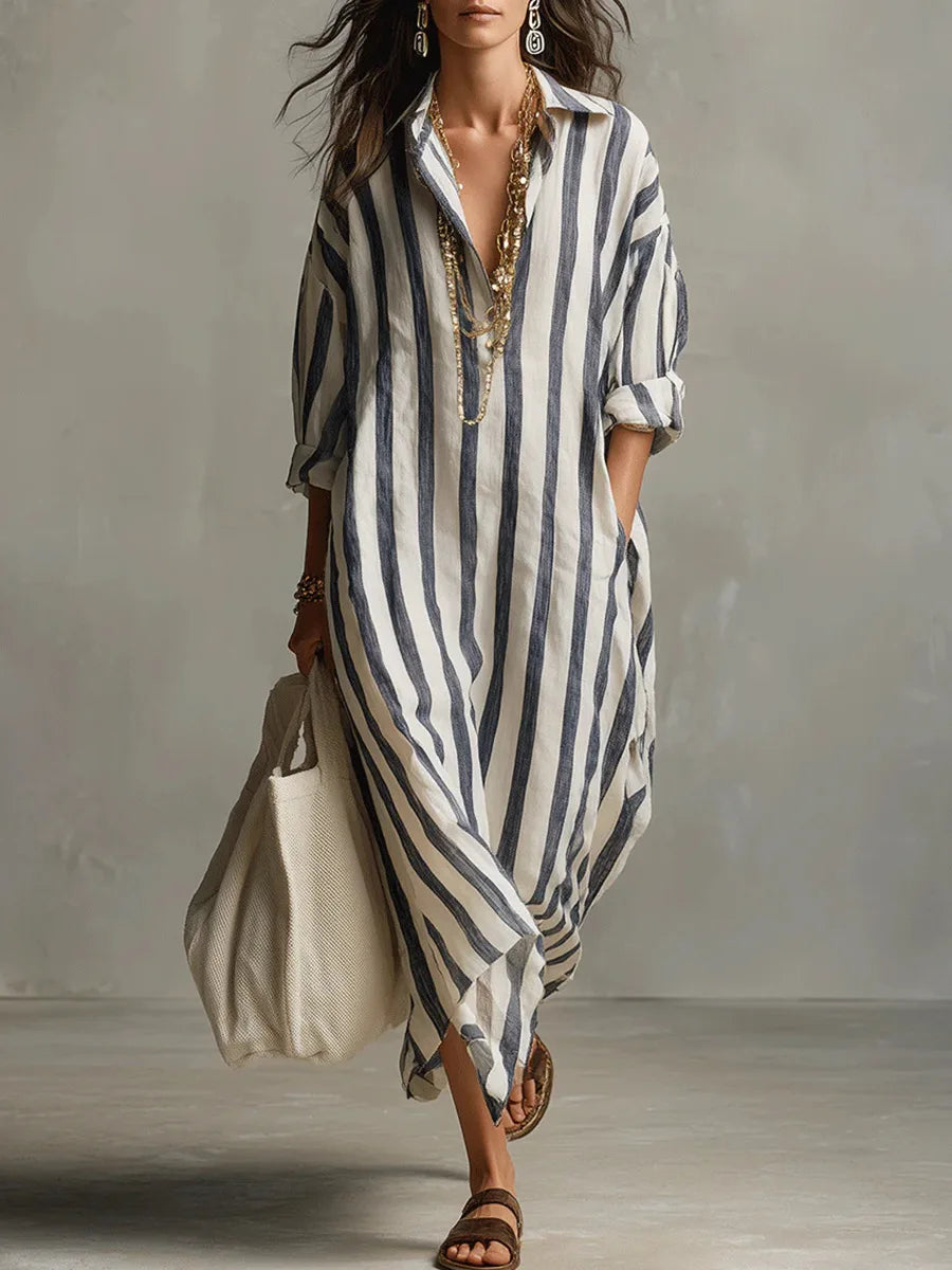Josephine | Damen Gestreift Langes Hemdblusenkleid