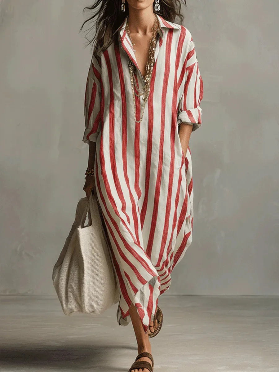 Josephine | Damen Gestreift Langes Hemdblusenkleid