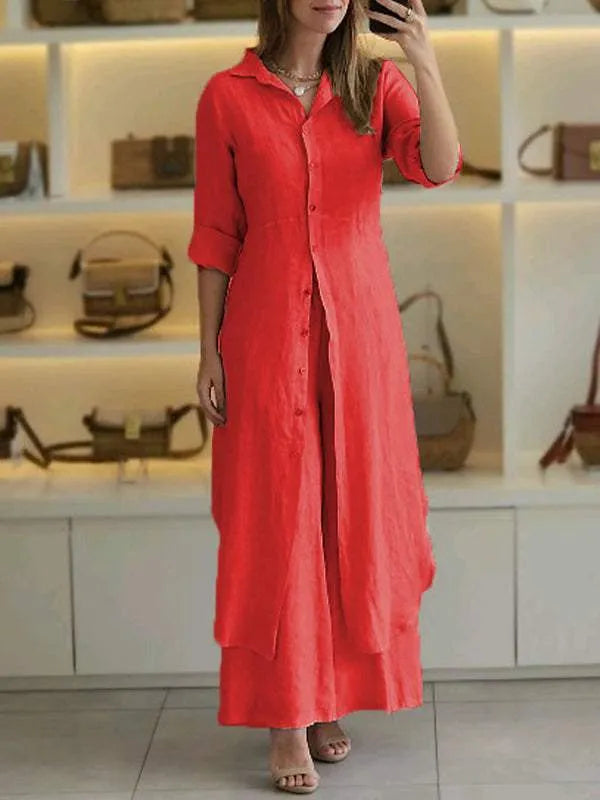 Damen Lässig Knopfleiste Lagenlook Blusenkleid Set