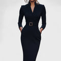 MANDARIN™  / ELEGANTES SCHWARZES KLEID MIT GURTEL UND STEHKRAGEN