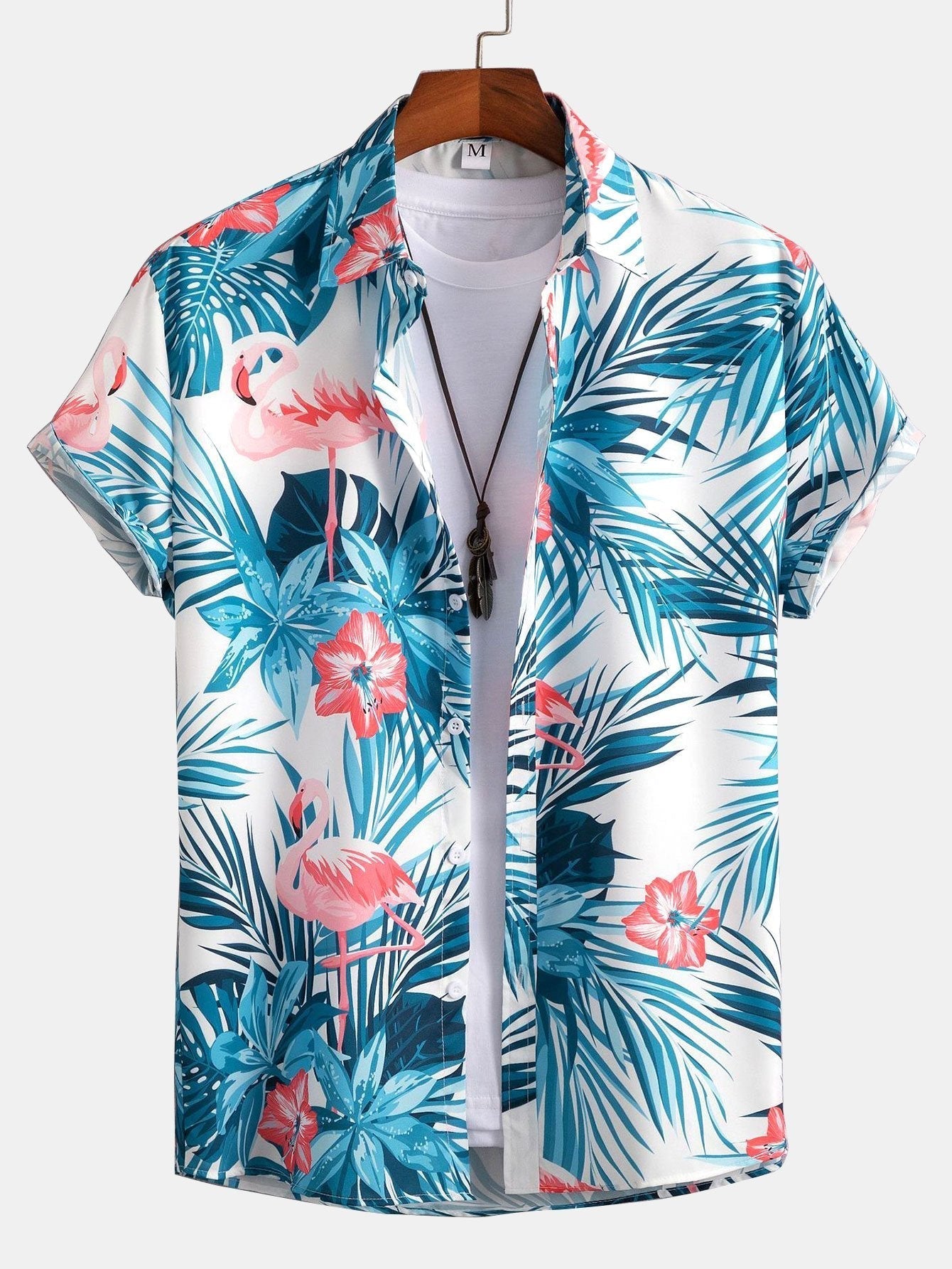 Flamingo Tropischer Print Hemden mit Knöpfen & kurze Schwimmshorts