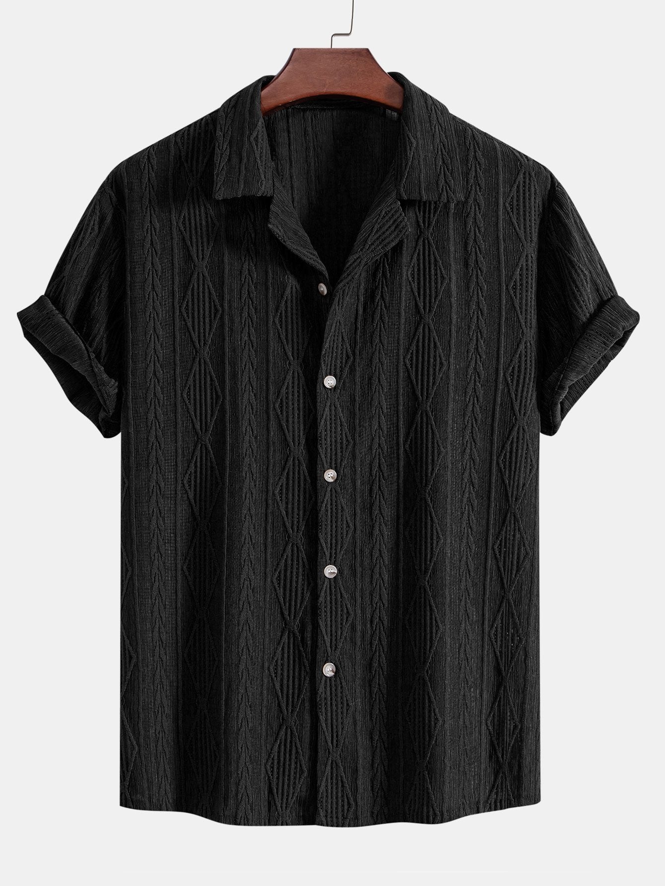 Geometrisches Jacquard Eyelet Cuban Hemd & Shorts aus Leinen-Baumwoll-Mischung