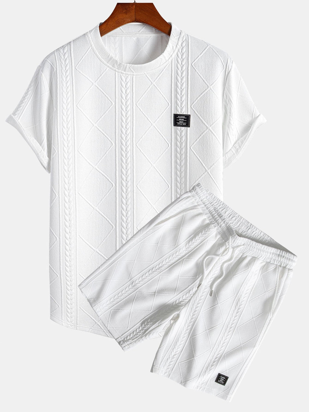 Kurzärmeliges geometrisches Jacquard-T-Shirt mit abgerundetem Saum & Shorts