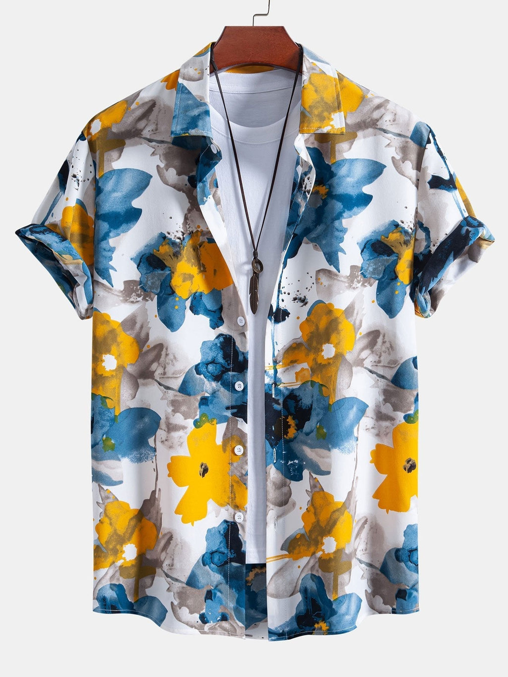 Tintenblaues Blumenmuster Hemd mit Knöpfen & Badeshorts