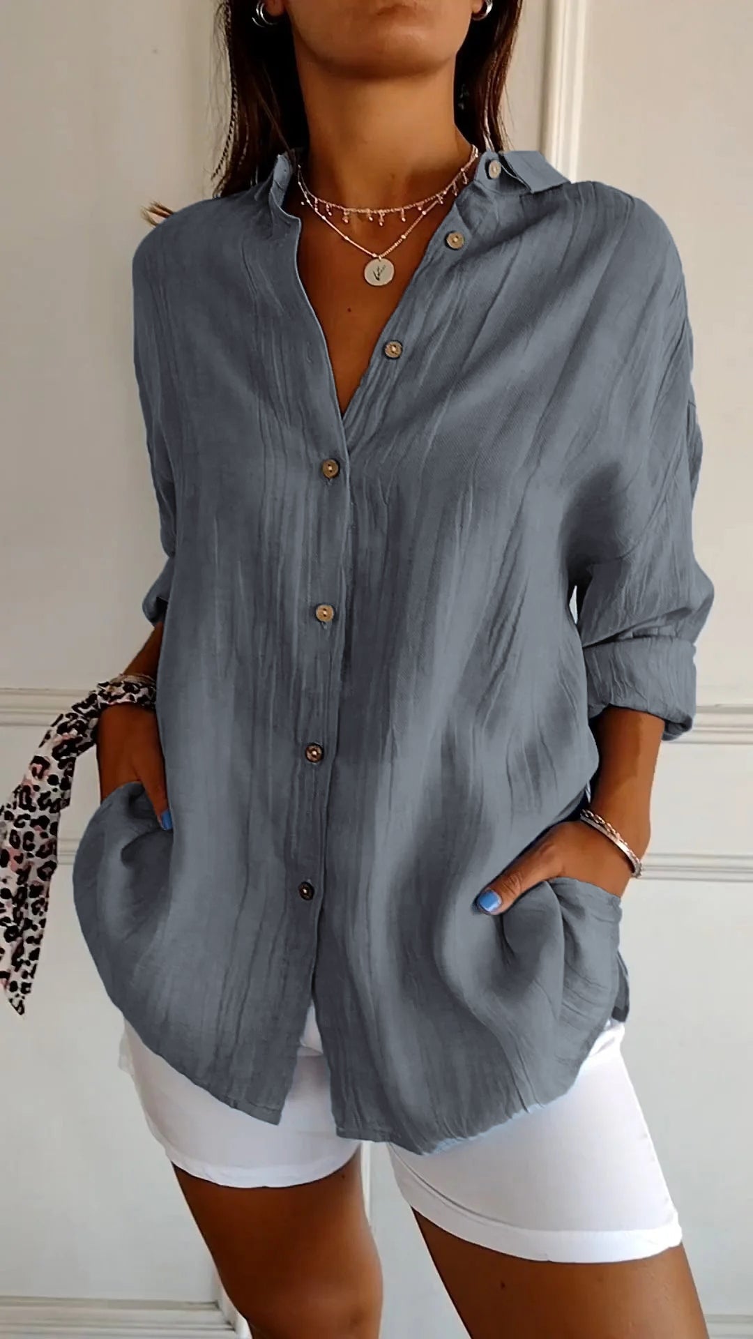 Beate | Damen Oversize Leinen Hemd Crinkle – Lässiges Leinenhemd Knopfleiste Sommer 2026