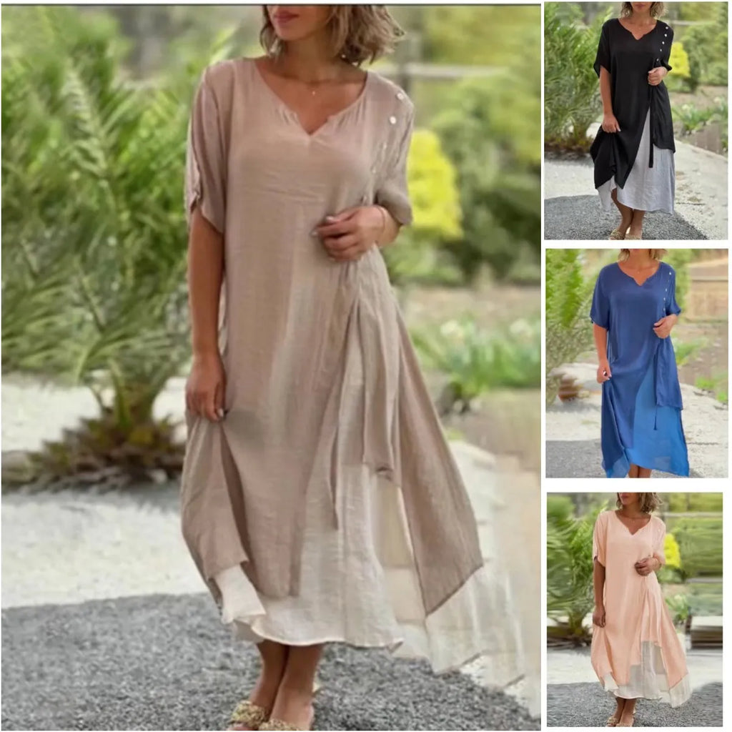 Luna | Damen Kleid Midi Lagenlook Asymmetrisch Kurzarm