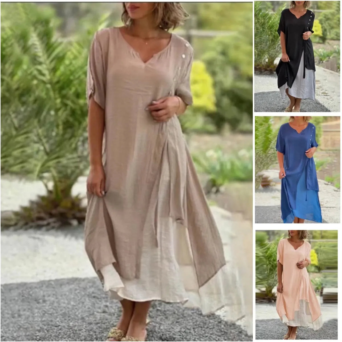 Luna | Damen Kleid Midi Lagenlook Asymmetrisch Kurzarm