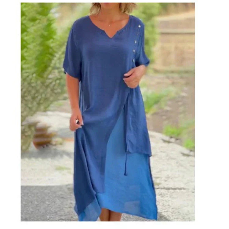 Luna | Damen Kleid Midi Lagenlook Asymmetrisch Kurzarm