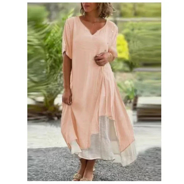 Luna | Damen Kleid Midi Lagenlook Asymmetrisch Kurzarm