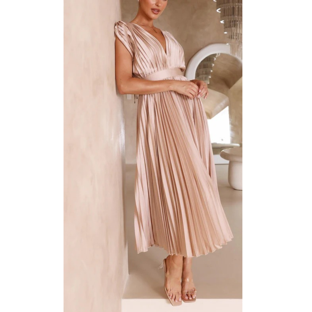 Kaitlyn | Damen Kleid Hochzeitsgast Midi V-Ausschnitt Elegant Plissee