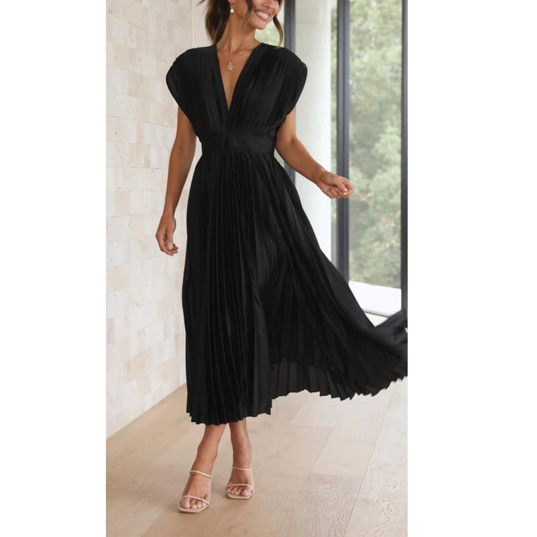 Kaitlyn | Damen Kleid Hochzeitsgast Midi V-Ausschnitt Elegant Plissee