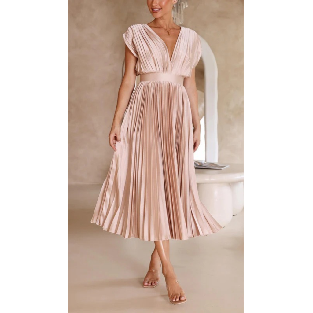Kaitlyn | Damen Kleid Hochzeitsgast Midi V-Ausschnitt Elegant Plissee