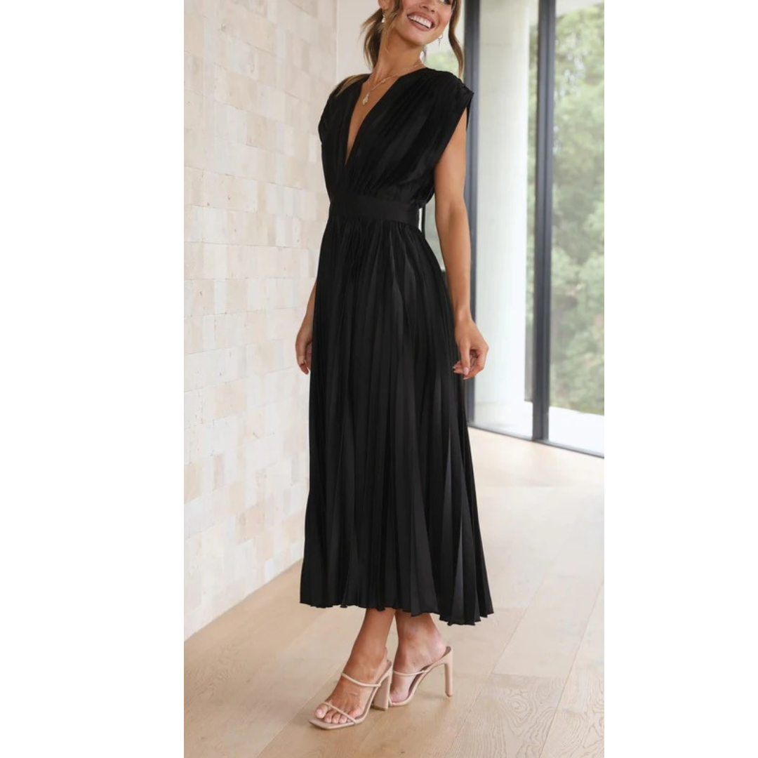 Kaitlyn | Damen Kleid Hochzeitsgast Midi V-Ausschnitt Elegant Plissee