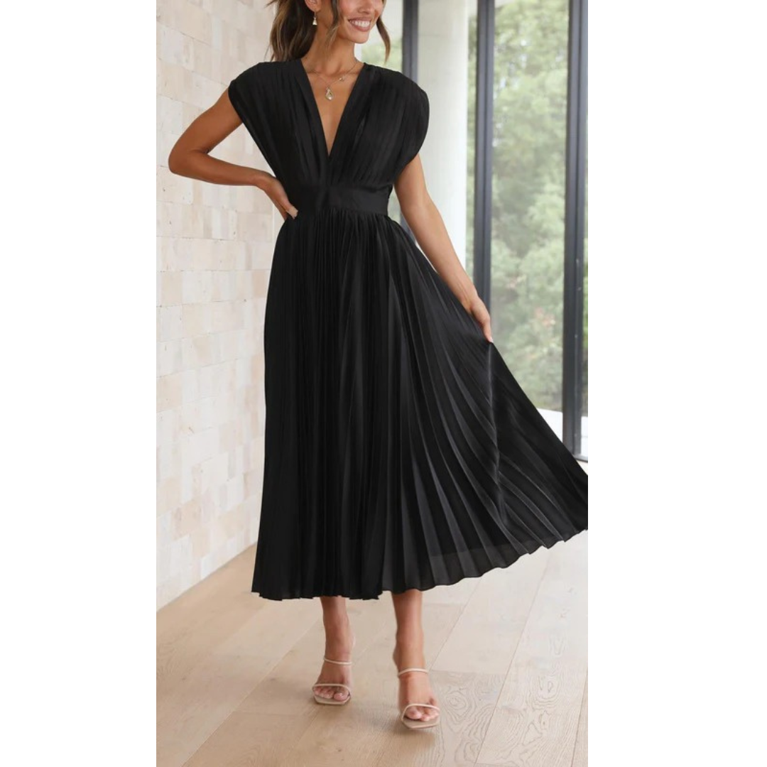 Kaitlyn | Damen Kleid Hochzeitsgast Midi V-Ausschnitt Elegant Plissee