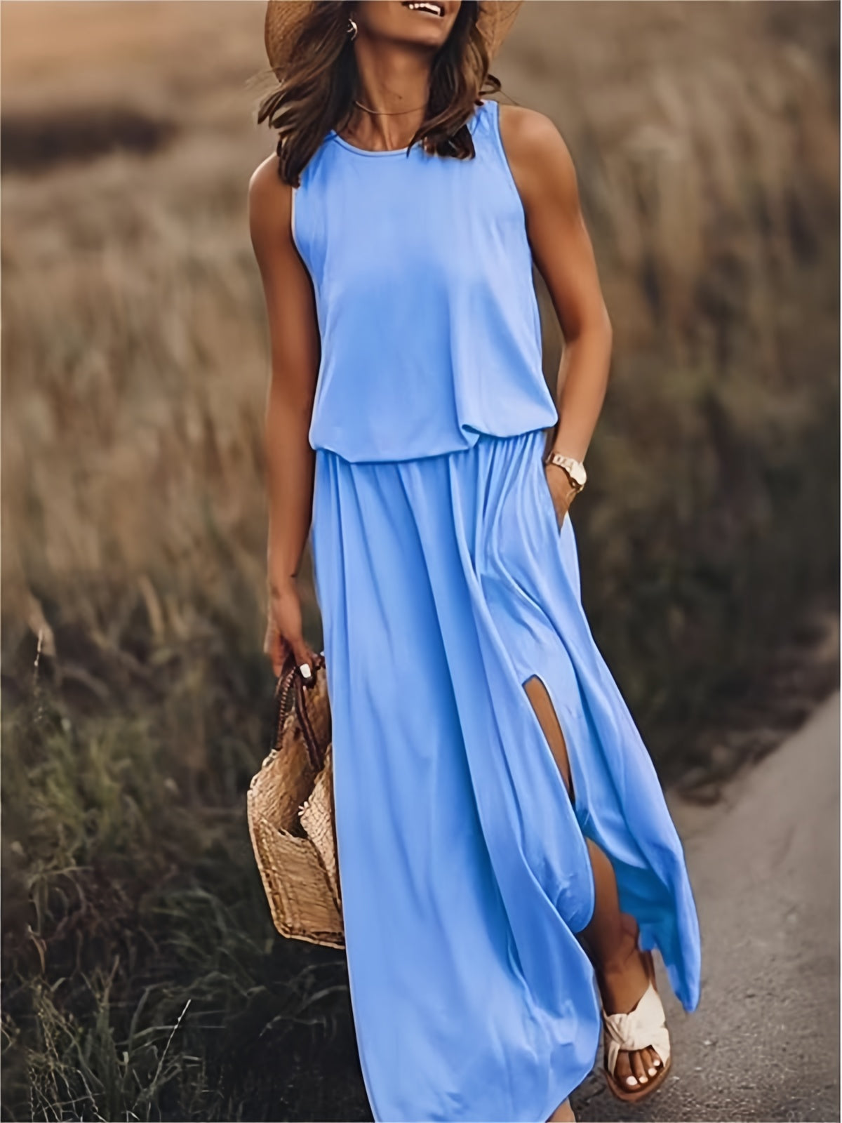 Klara | Damen Ärmelloses Rundhals Maxikleid