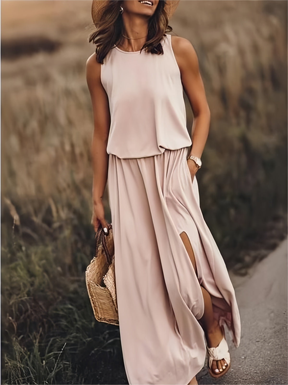 Klara | Damen Ärmelloses Rundhals Maxikleid
