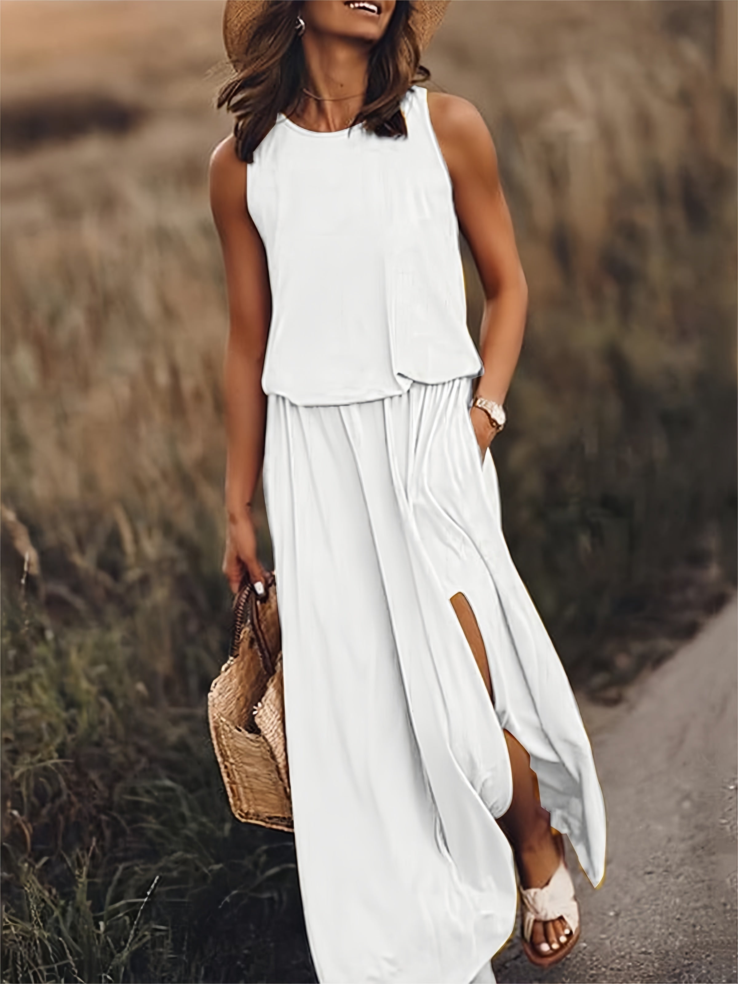 Klara | Damen Ärmelloses Rundhals Maxikleid