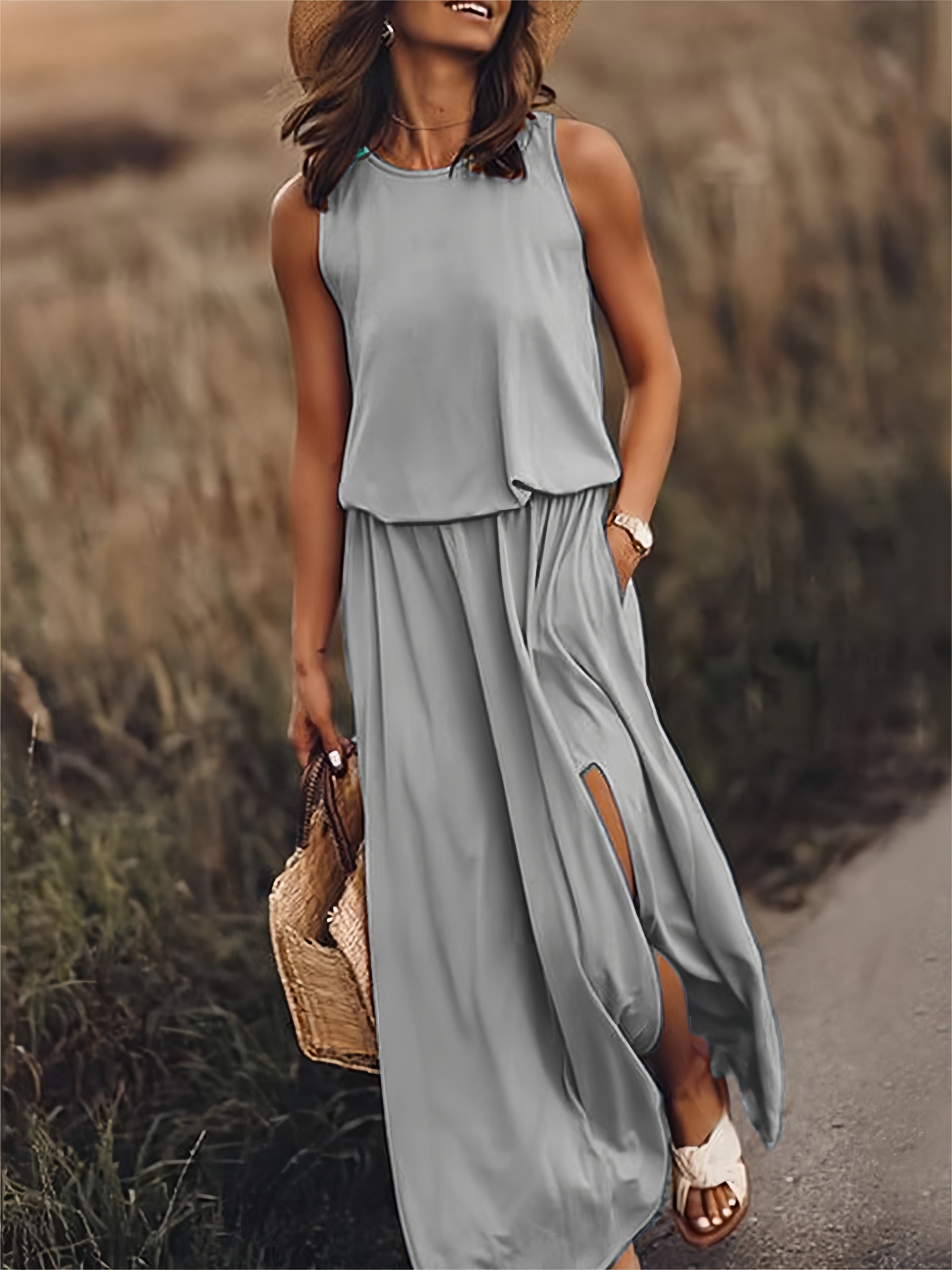 Klara | Damen Ärmelloses Rundhals Maxikleid