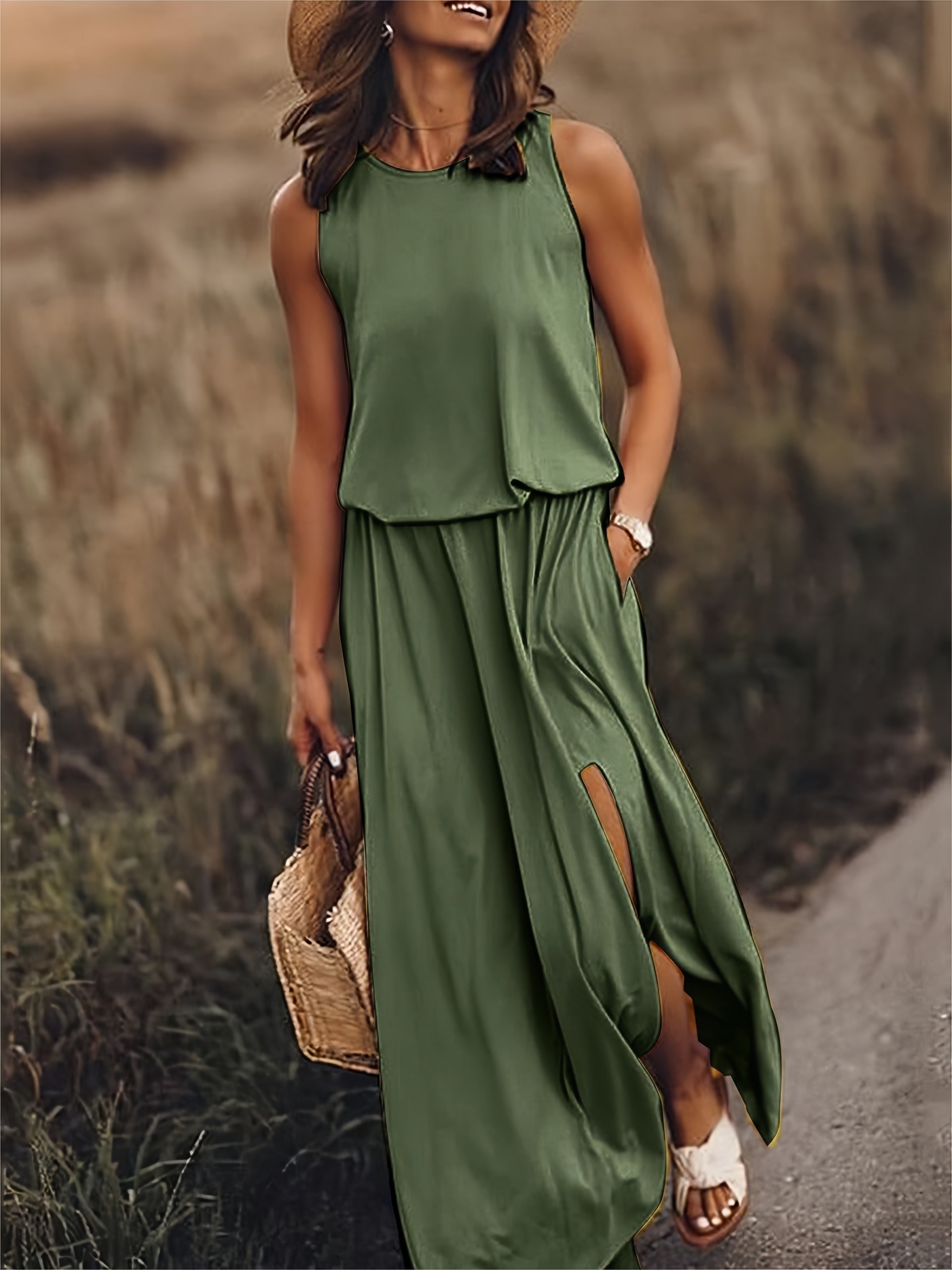 Klara | Damen Ärmelloses Rundhals Maxikleid