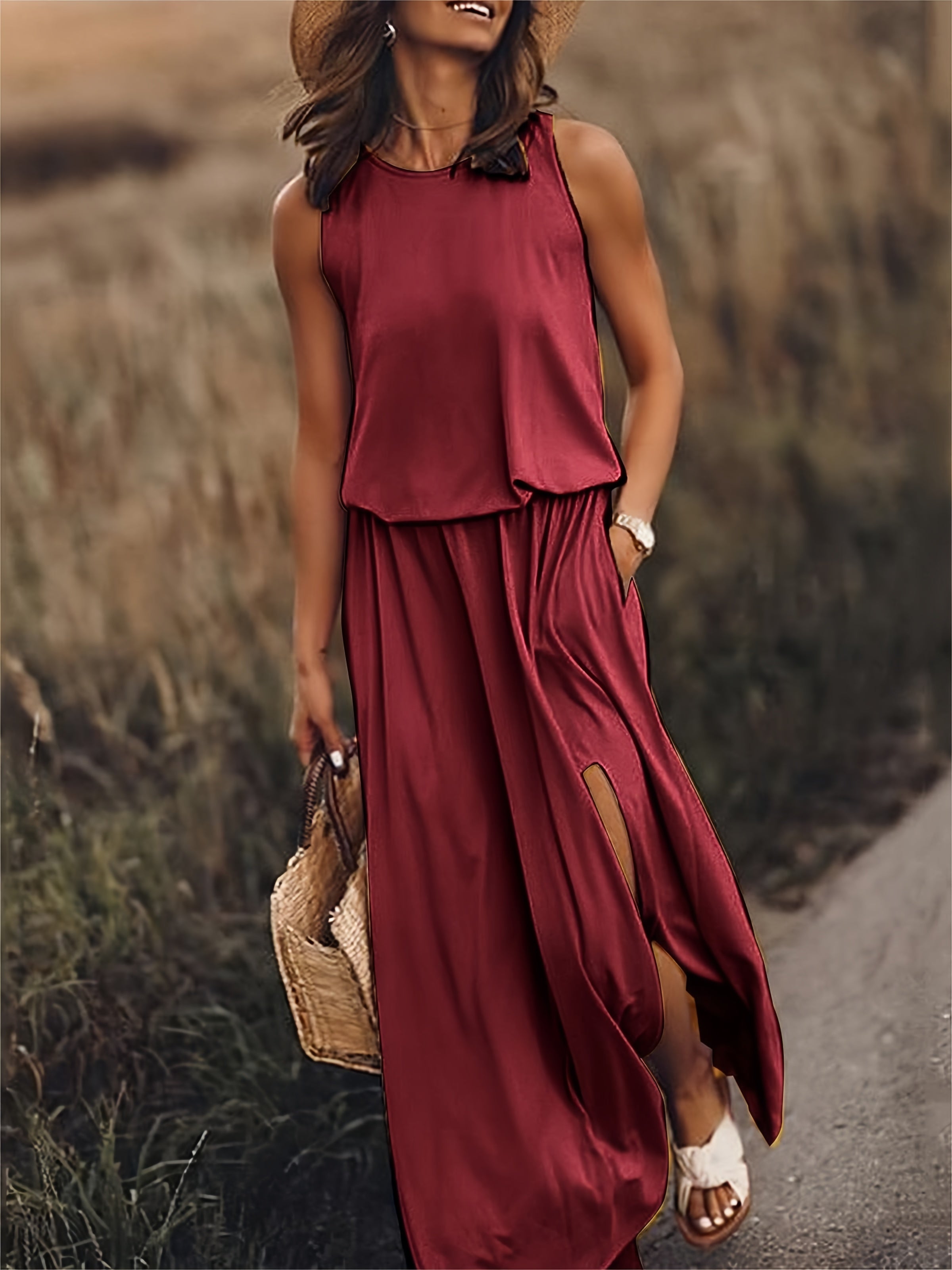 Klara | Damen Ärmelloses Rundhals Maxikleid