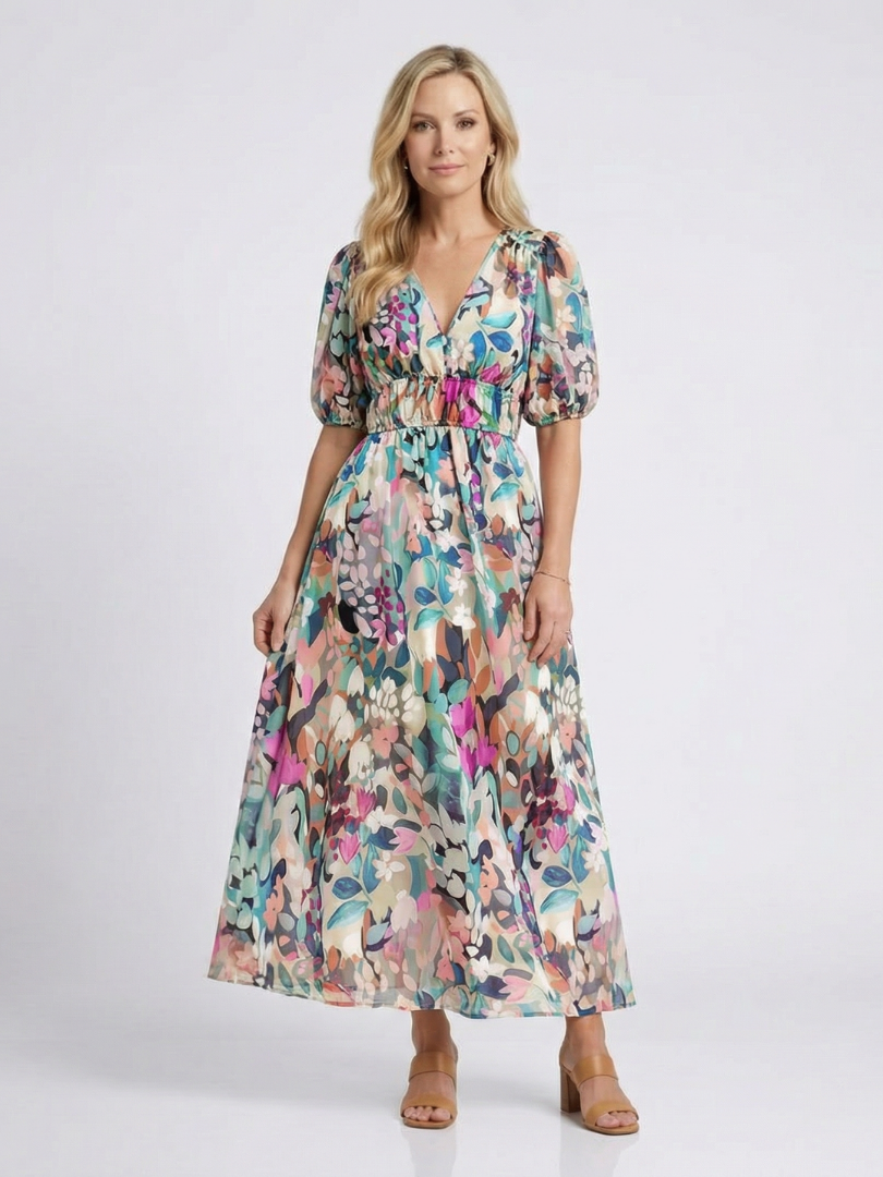 Konstanze | Damen V-Ausschnitt Blumendruck Midi Kleid