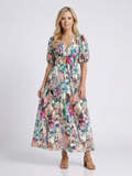 Konstanze | Damen V-Ausschnitt Blumendruck Midi Kleid