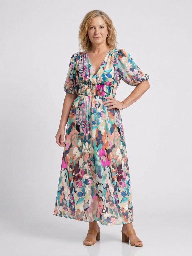 Konstanze | Damen V-Ausschnitt Blumendruck Midi Kleid