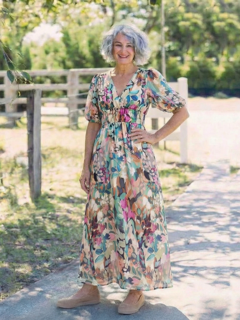 Konstanze | Damen V-Ausschnitt Blumendruck Midi Kleid