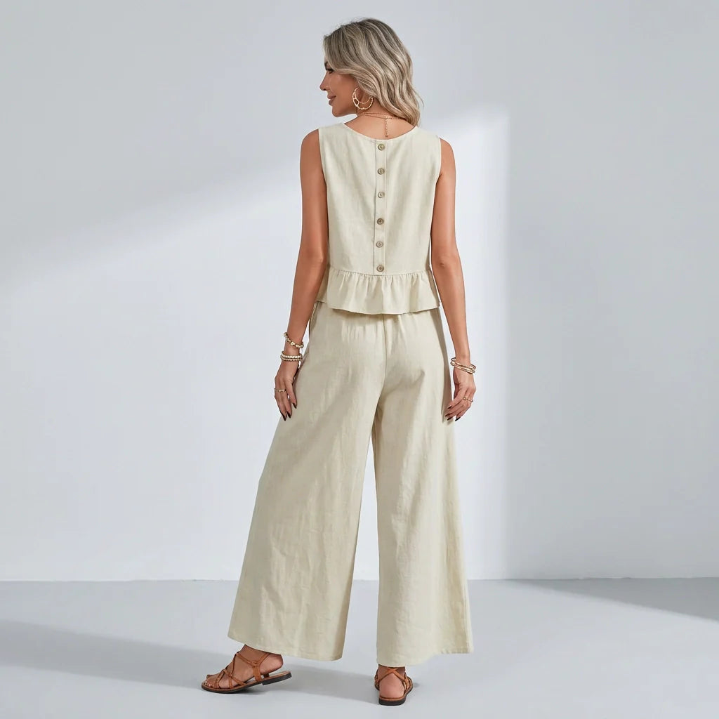 Lässiger Damen Zweiteiler mit weiter Hose und ärmellosem Oberteil