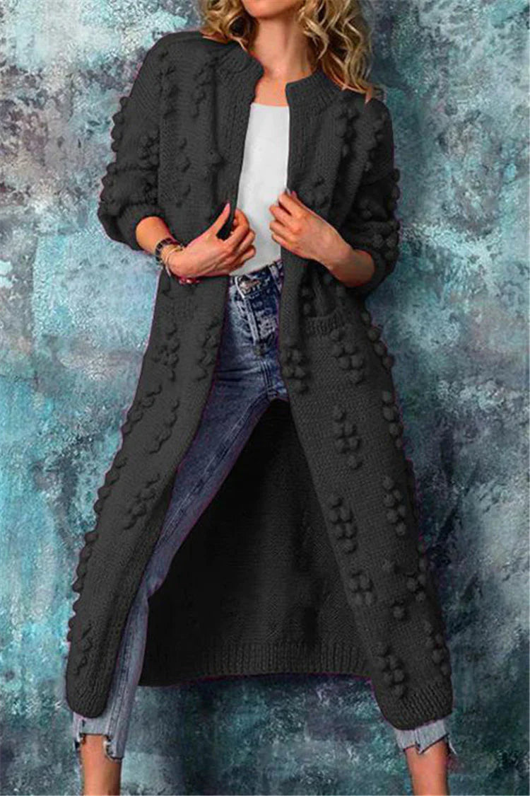 Luisa | Lange Damen Strickjacke im Norweger-Stil mit Pompons