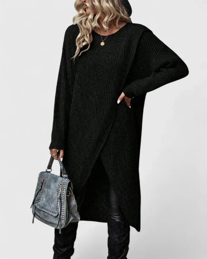 Elisa | Langes Damen Strickkleid mit asymmetrischem Wickeldetail