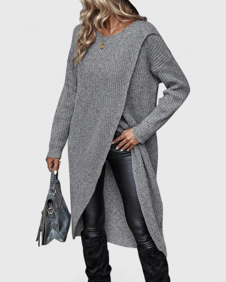 Elisa | Langes Damen Strickkleid mit asymmetrischem Wickeldetail