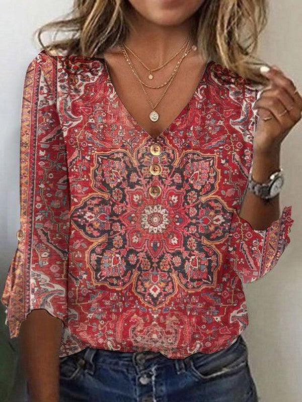 Damen V Ausschnitt Muster Boho Bluse