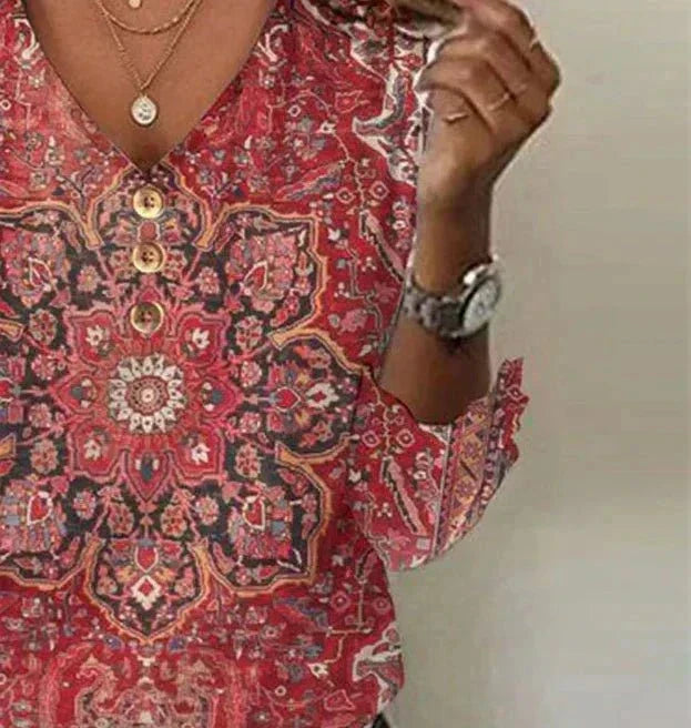 Damen V Ausschnitt Muster Boho Bluse