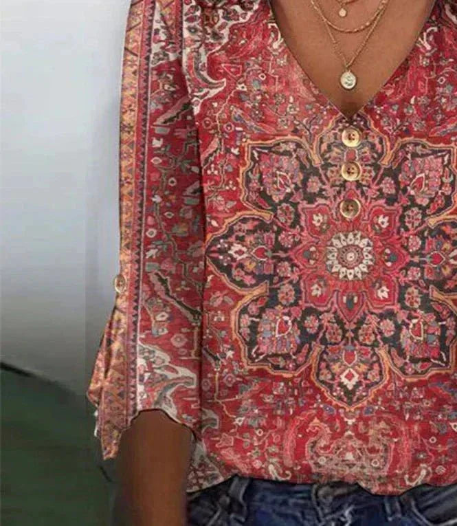 Damen V Ausschnitt Muster Boho Bluse