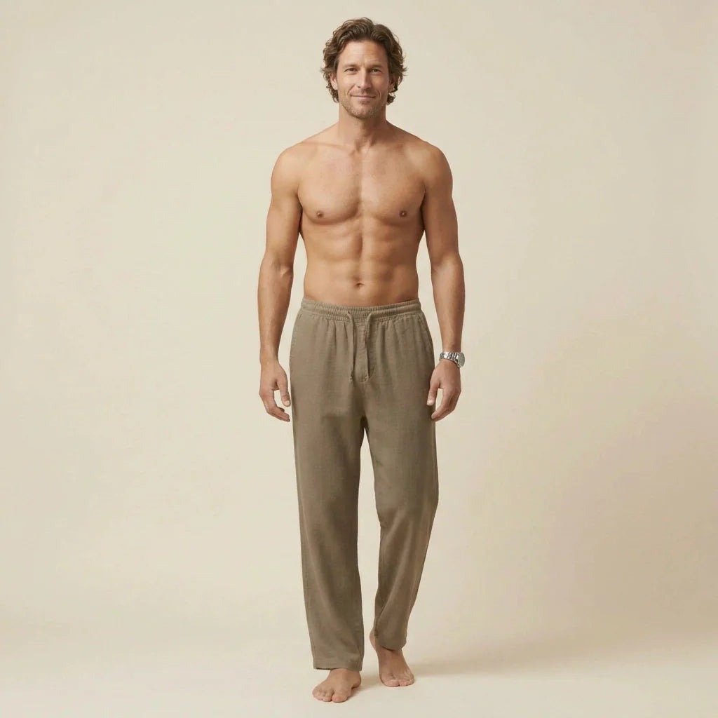 Lange Leinenhose für Herren mit weitem Bein und Kordelzug