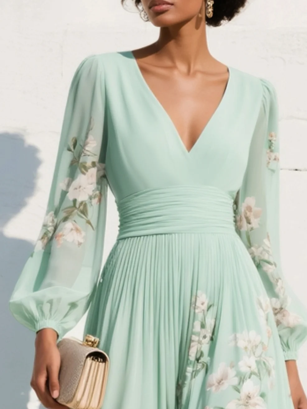 Leonora | Damen Blumen Midi Kleid mit V-Ausschnitt