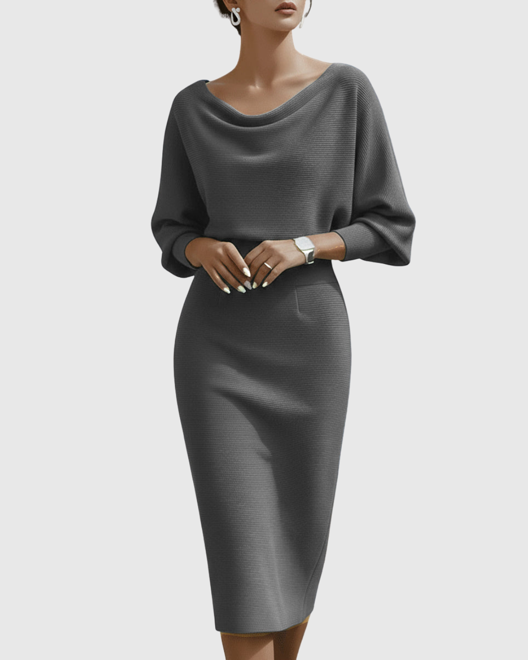 Lucinda | Damen Wasserfallkragen Midi Kleid