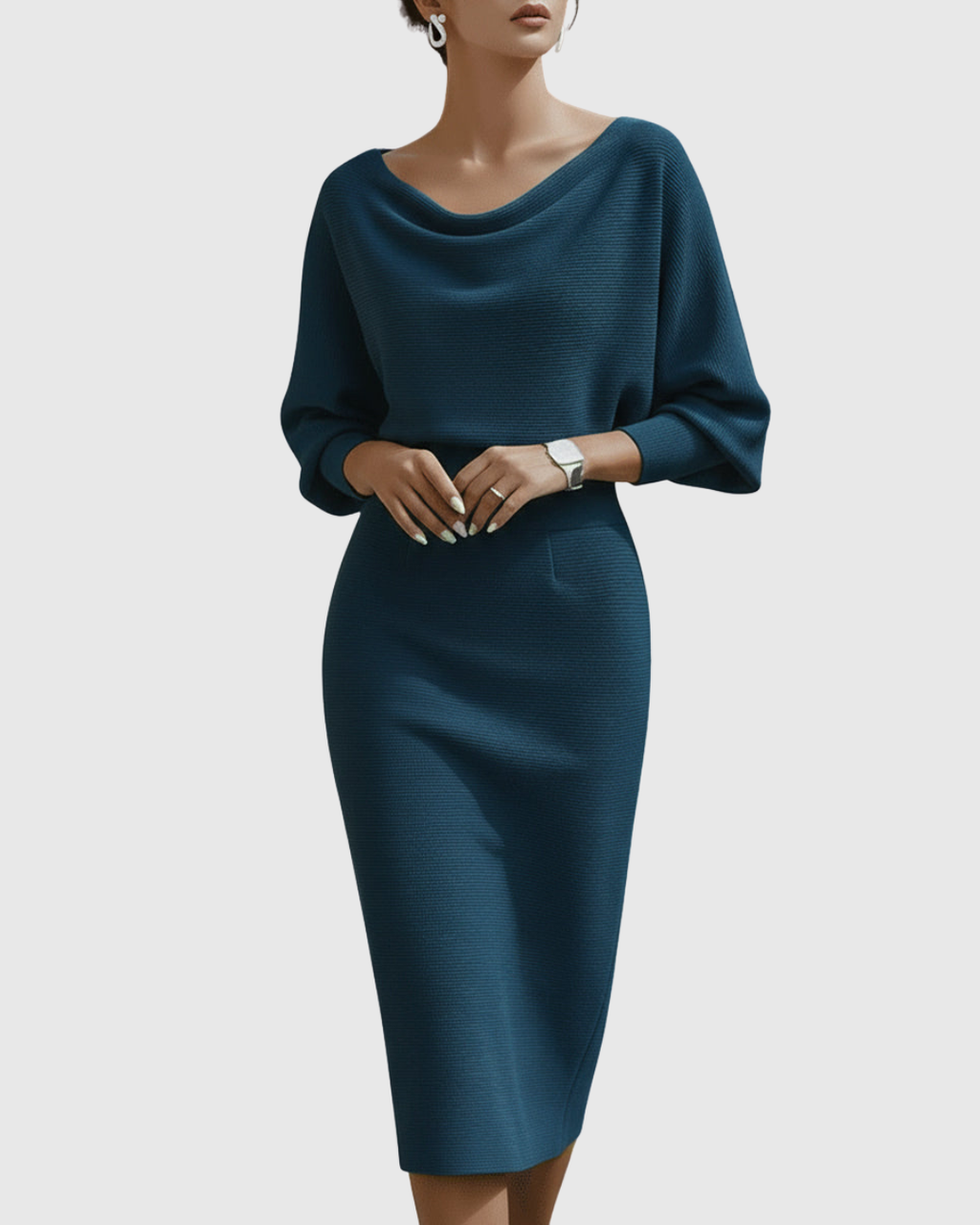 Lucinda | Damen Wasserfallkragen Midi Kleid