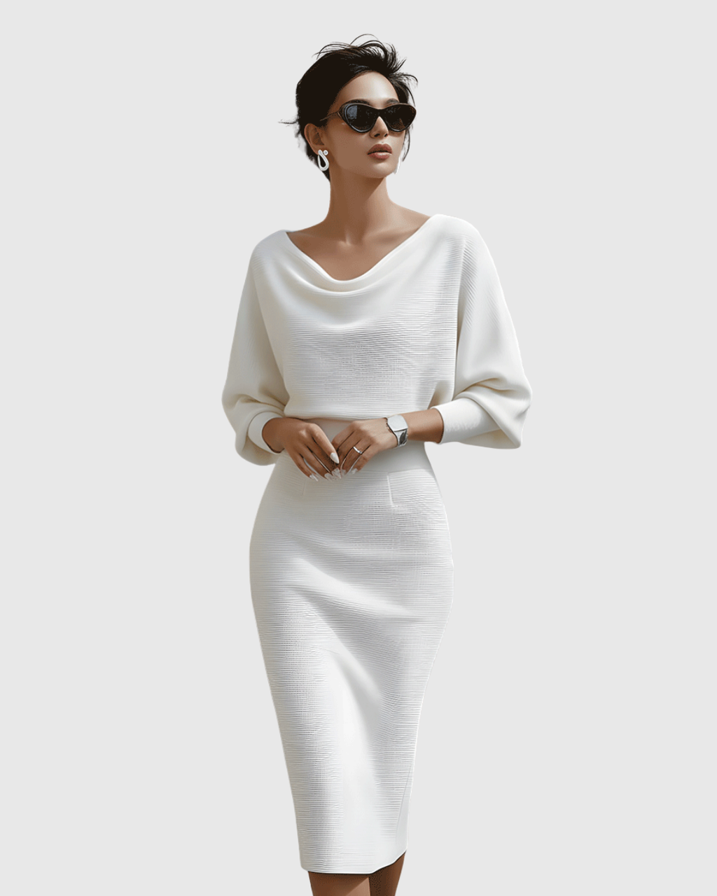Lucinda | Damen Wasserfallkragen Midi Kleid