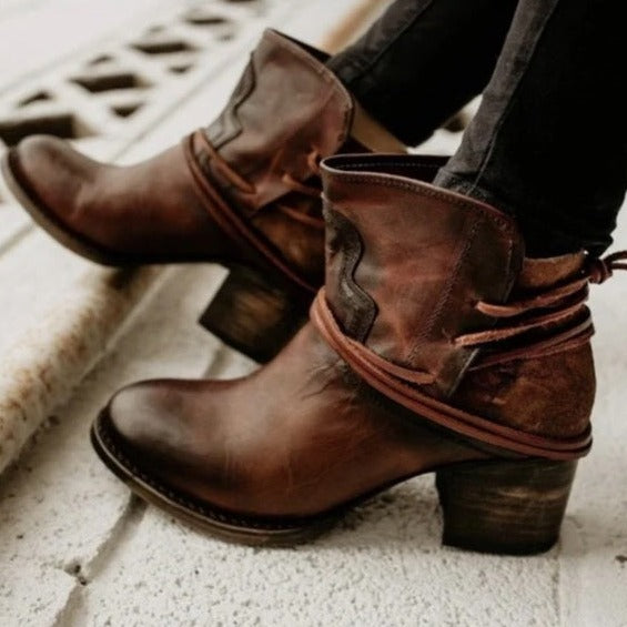 Maya | Damen Stiefelette Blockabsatz Fransen Leder Boho