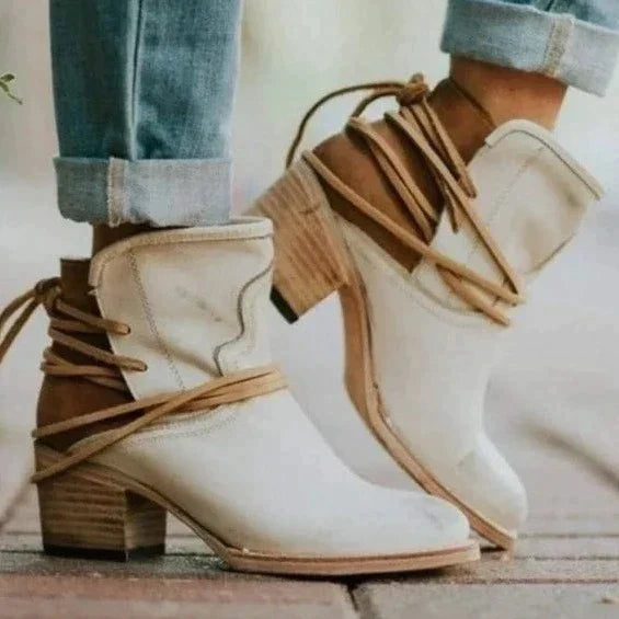 Maya | Damen Stiefelette Blockabsatz Fransen Leder Boho
