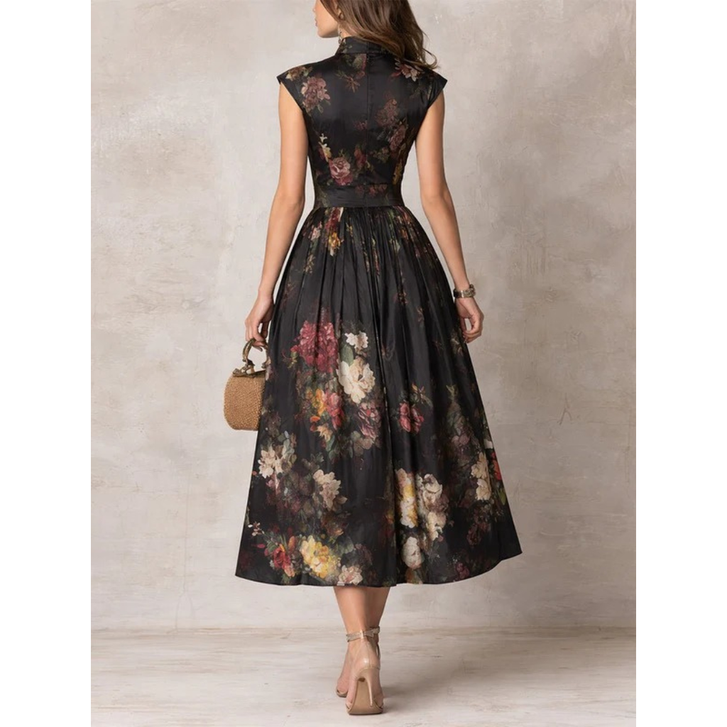 Magda | Damen Schwarzes Floral Satin Midikleid