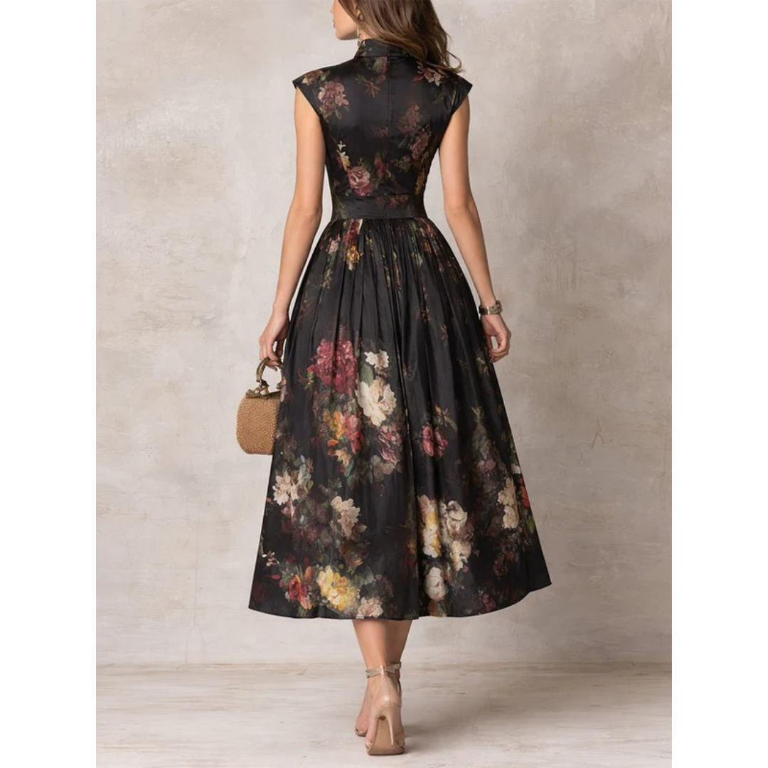 Magda | Damen Schwarzes Floral Satin Midikleid