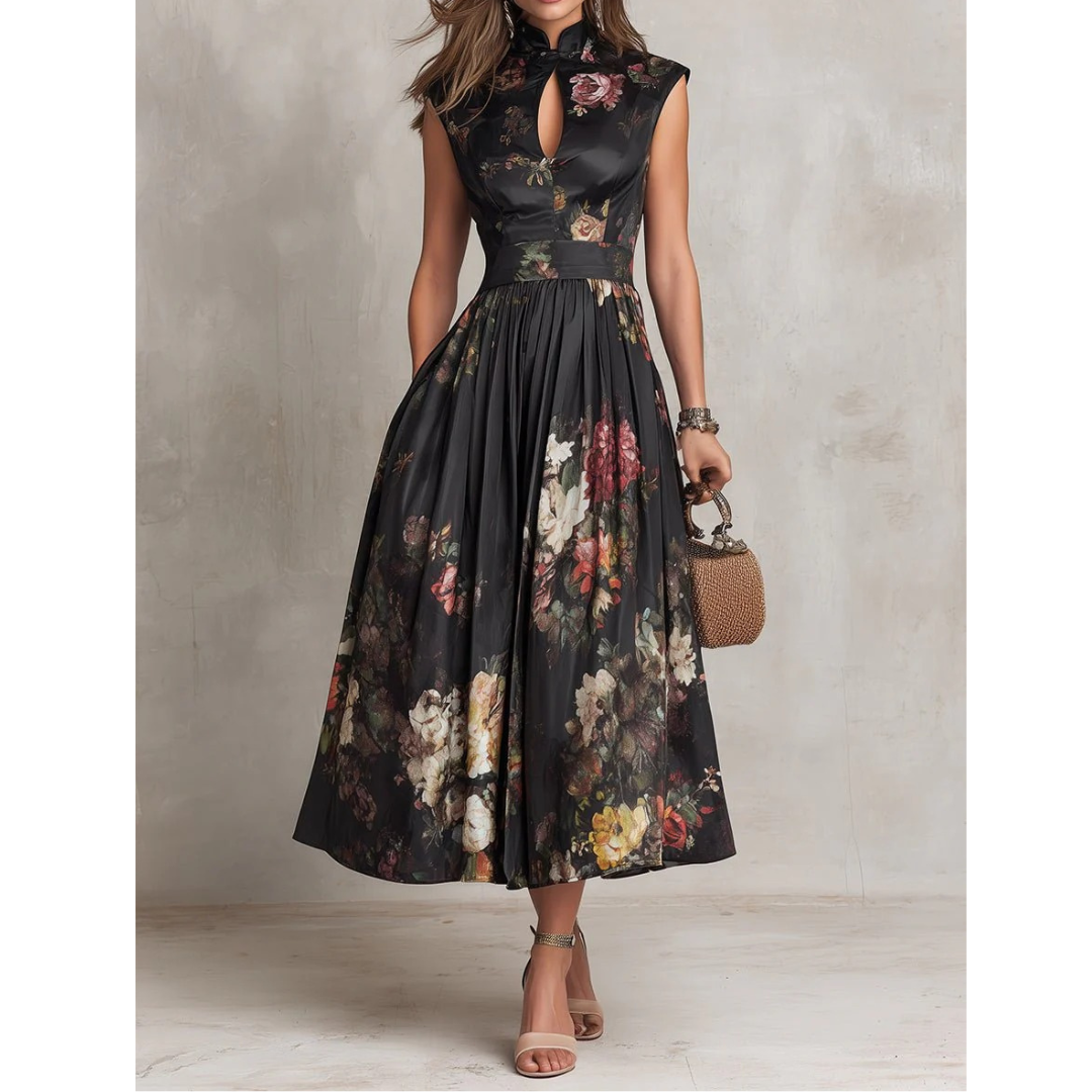 Magda | Damen Schwarzes Floral Satin Midikleid