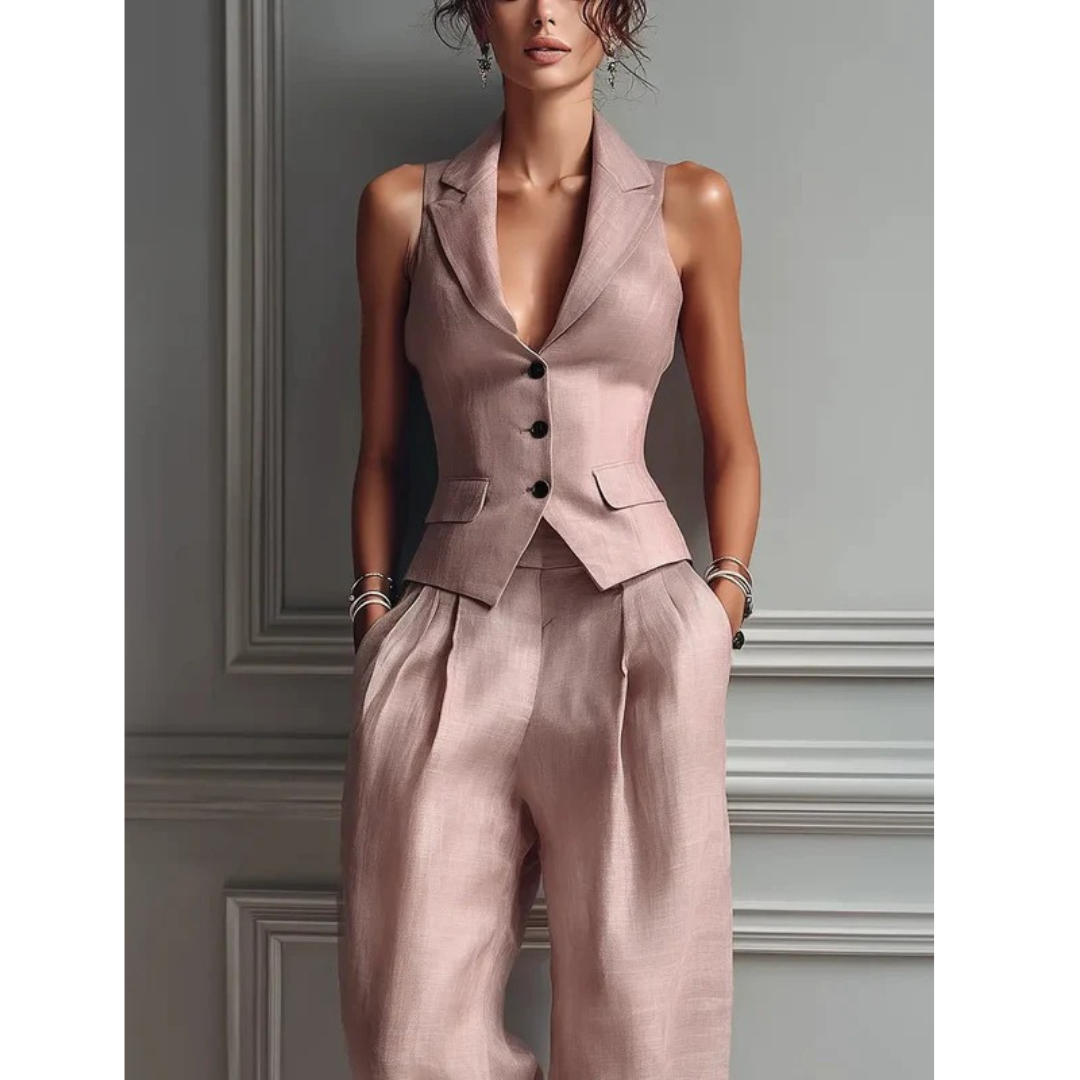 Marga | Damen Rosa Leinen Zweiteiler