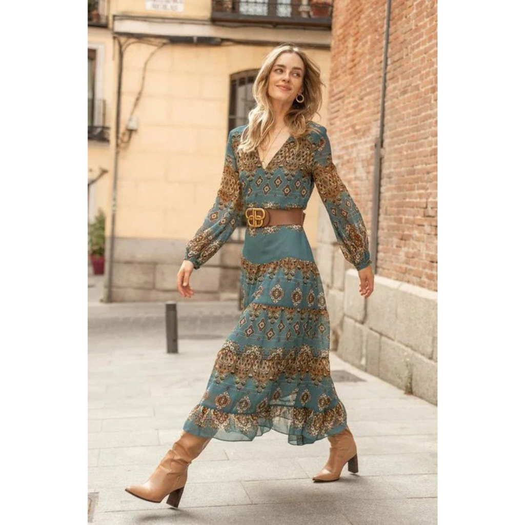 Margarete | Damen Boho Midikleid Mit Muster