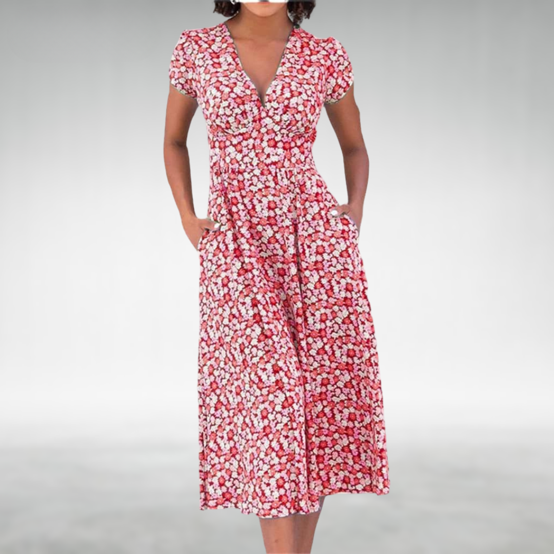 Margot | Damen V-Ausschnitt Blumenmuster Midikleid