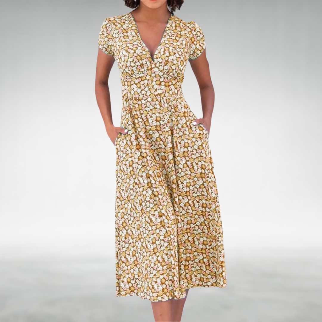 Margot | Damen V-Ausschnitt Blumenmuster Midikleid