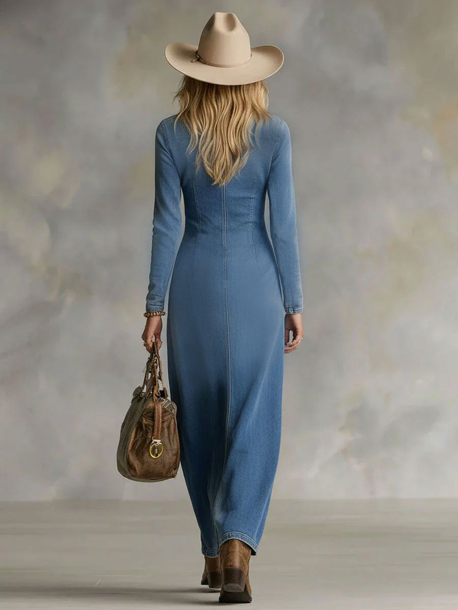 Marlika | Damen V-Ausschnitt Langarm Maxikleid